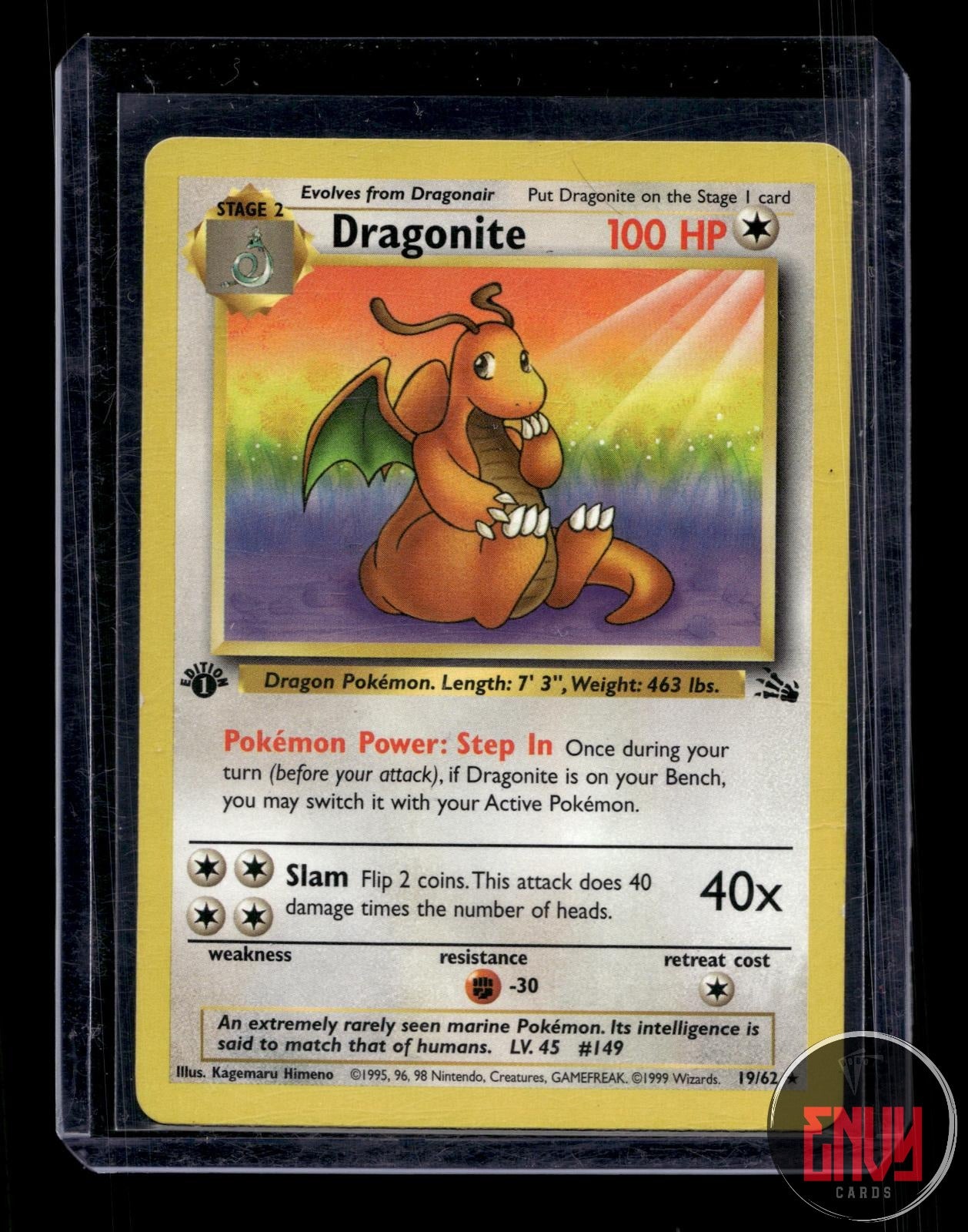 Dragonite Moderately Played 19/62 Rare Fossil Pokemon 1st Edition