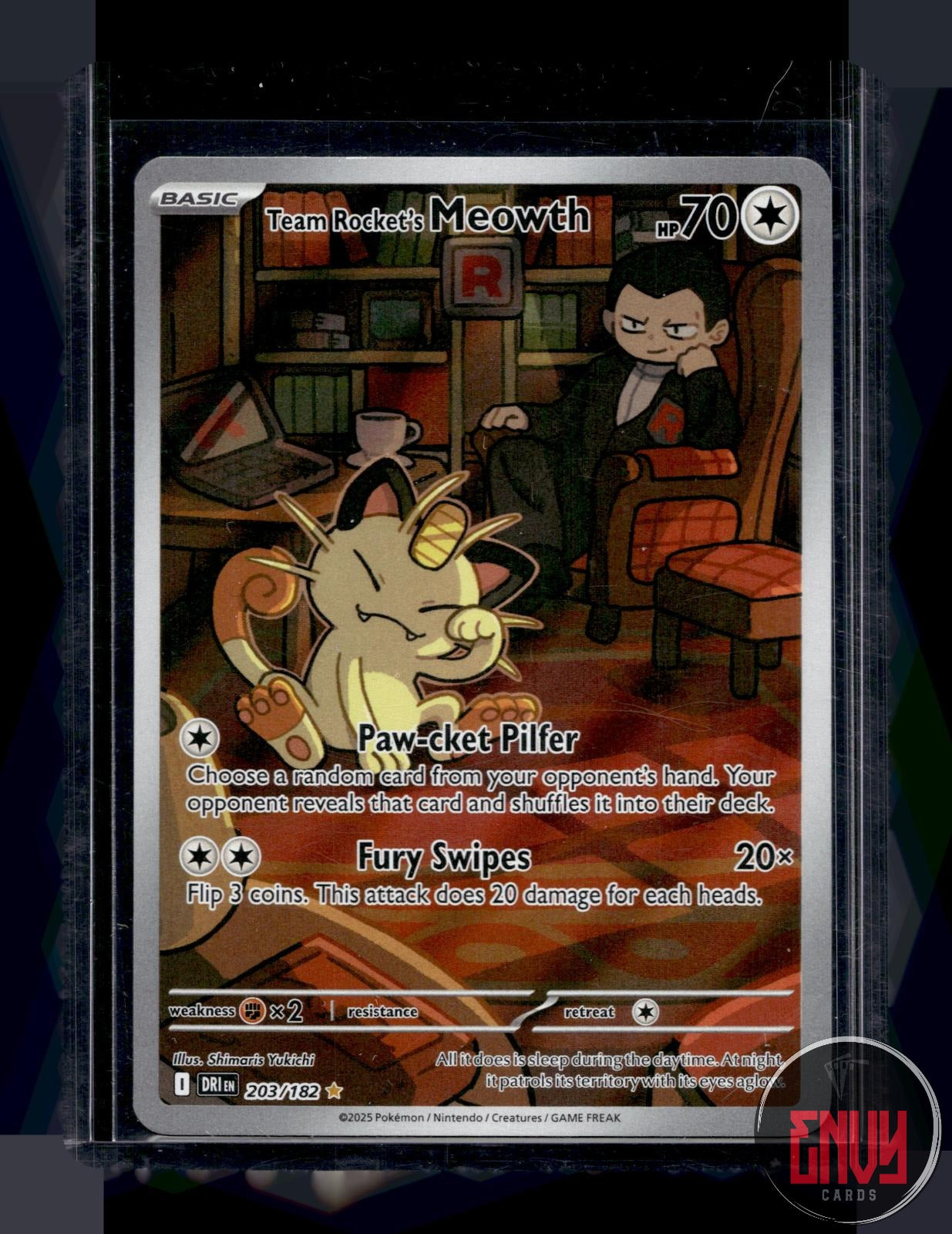 Team Rocket's Meowth NM 203/182 Illustration Rare Destined Rivals Pokemon Holo