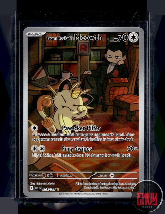 Team Rocket's Meowth NM 203/182 Illustration Rare Destined Rivals Pokemon Holo
