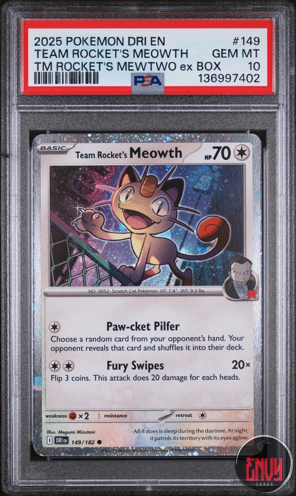 Team Rocket's Meowth 149/182 Mewtwo EX Box Dri En-Destined Rivals Pokemon PSA 10
