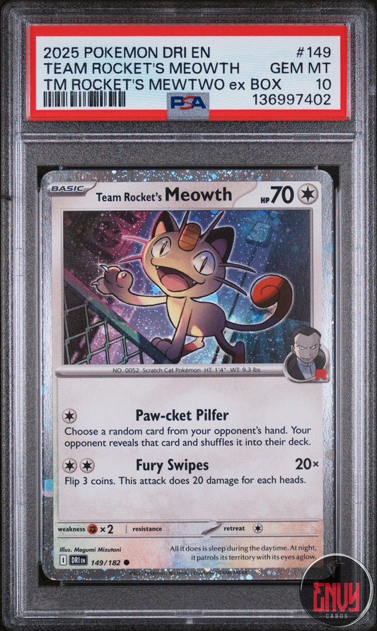 Team Rocket's Meowth 149/182 Mewtwo EX Box Dri En-Destined Rivals Pokemon PSA 10
