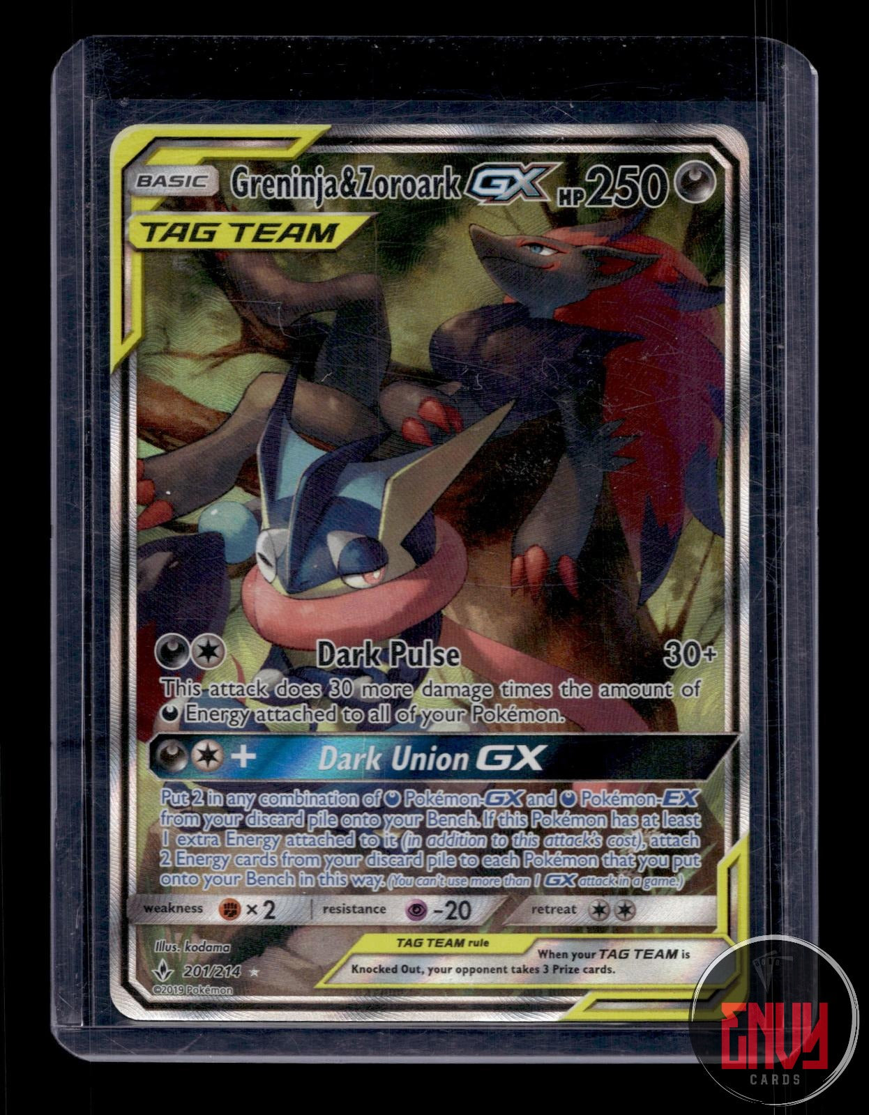 Greninja & Zoroark GX Near Mint 201/214 Ultra Rare Unbroken Bonds Pokemon Holo