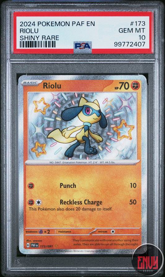 Riolu 173/091 Shiny Rare Paf En-Paldean Fates Pokemon PSA 10