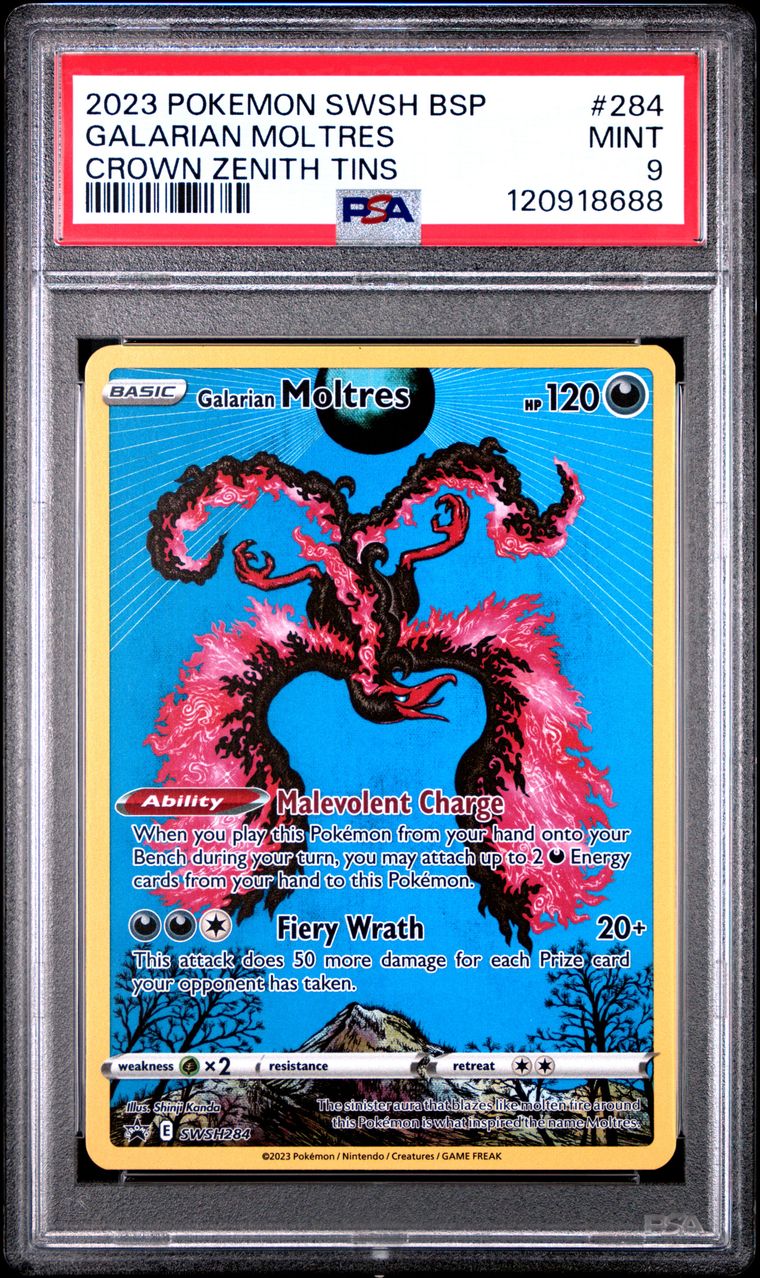 GALARIAN MOLTRES CROWN ZENITH TIN PROMO #284 — 2023 POKEMON SWSH BLACK STAR PROMO #284 PSA 9
