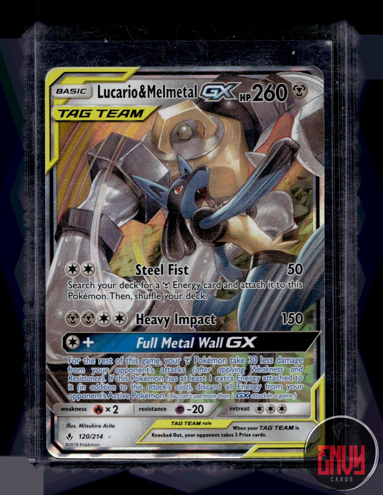 Lucario & Melmetal GX Damaged 120/214 GX Rare Unbroken Bonds Pokemon Holo