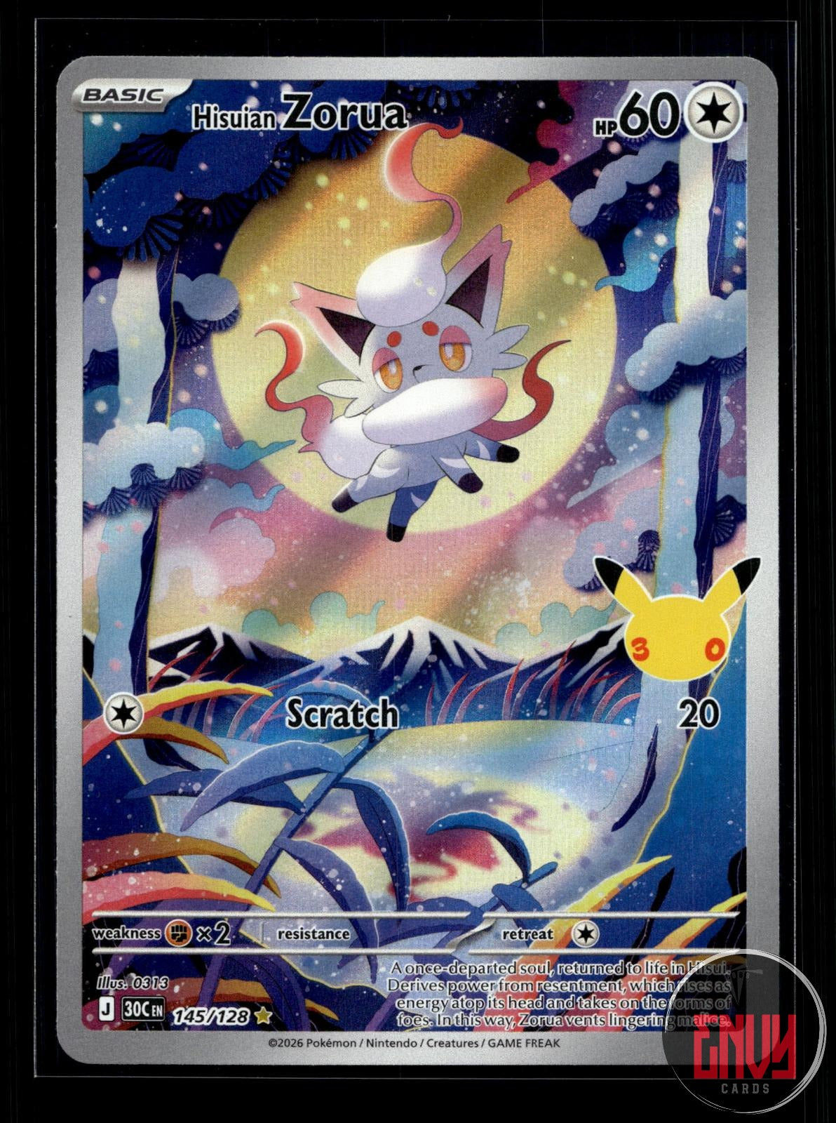 Hisuian Zorua NM 145/128 IR ME: 30th Celebration Pokemon Holo