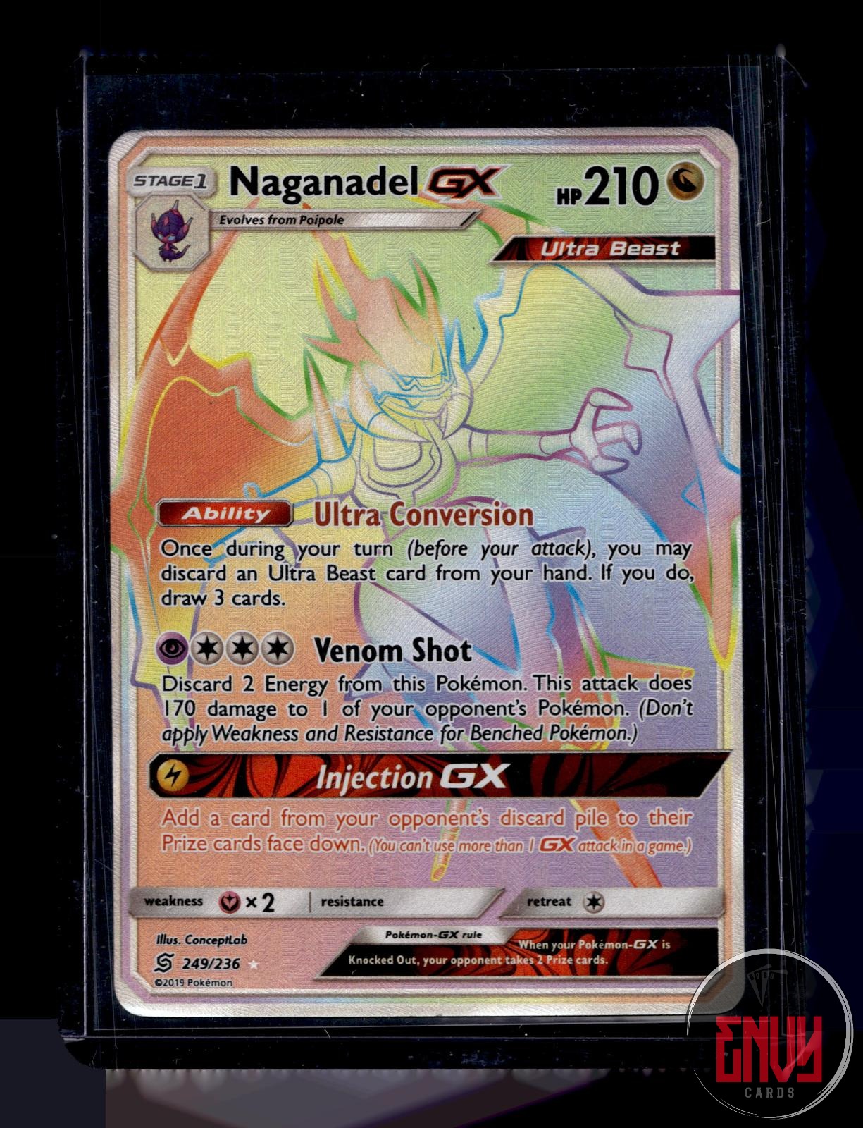 Naganadel GX Moderately Played 249/236 Rainbow Rare Unified Minds Pokemon Holo