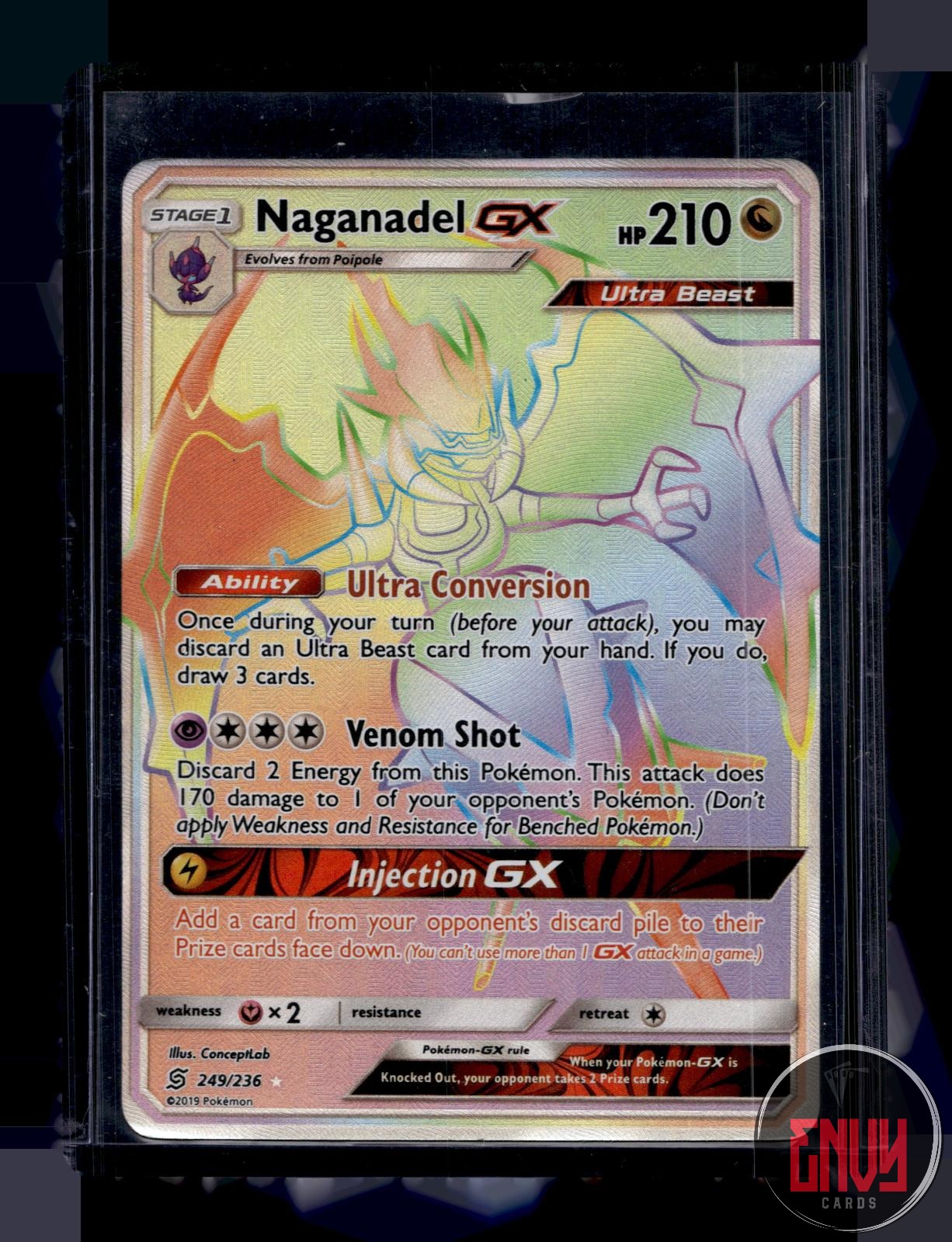Naganadel GX Moderately Played 249/236 Rainbow Rare Unified Minds Pokemon Holo
