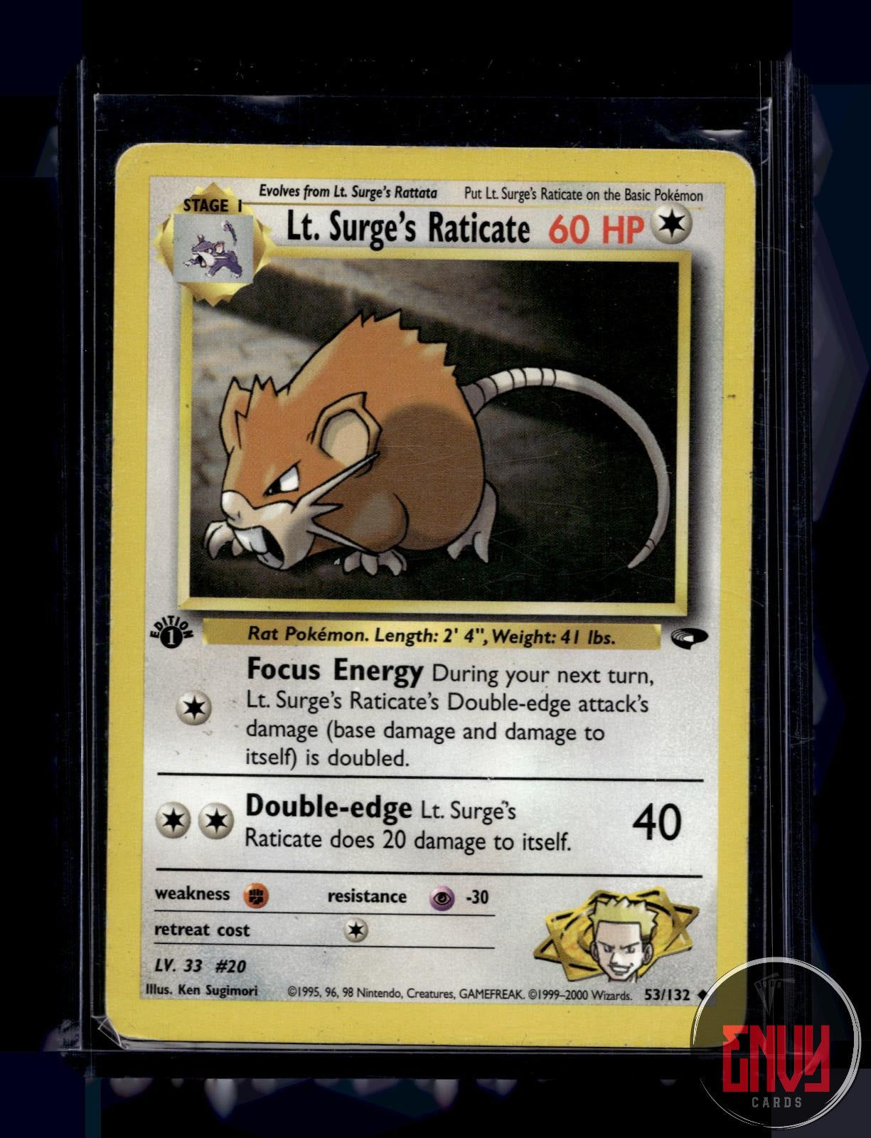 Lt. Surge's Raticate HP 53/132 Uncommon Gym Challenge Pokemon 1st Edition