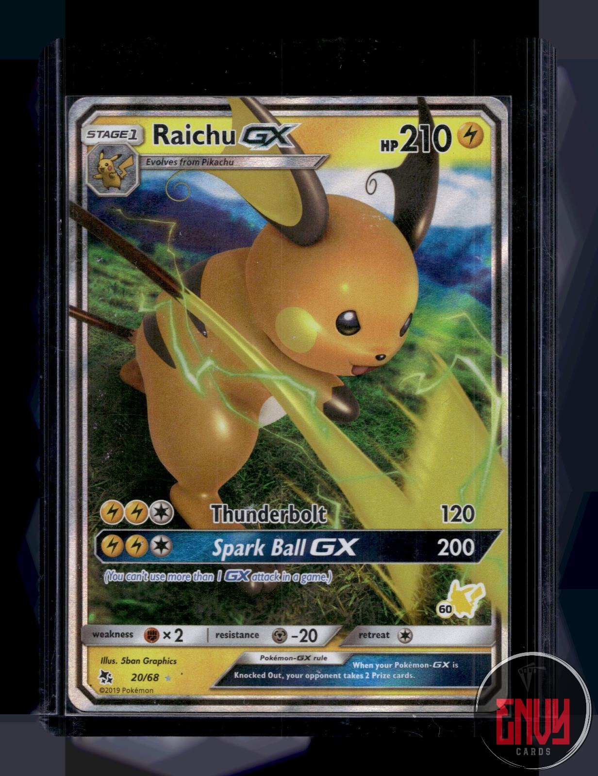 Raichu GX Moderately Played 20/68 GX Rare Hidden Fates Pokemon Holo