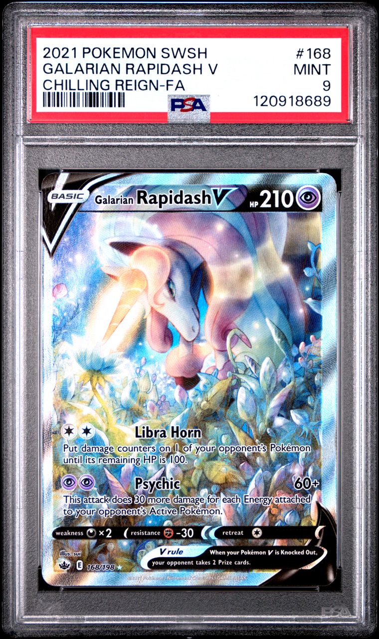 GALARIAN RAPIDASH V CHILLING REIGN-FA 2021 POKEMON SWORD & SHIELD CHILLING REIGN #168 PSA 9