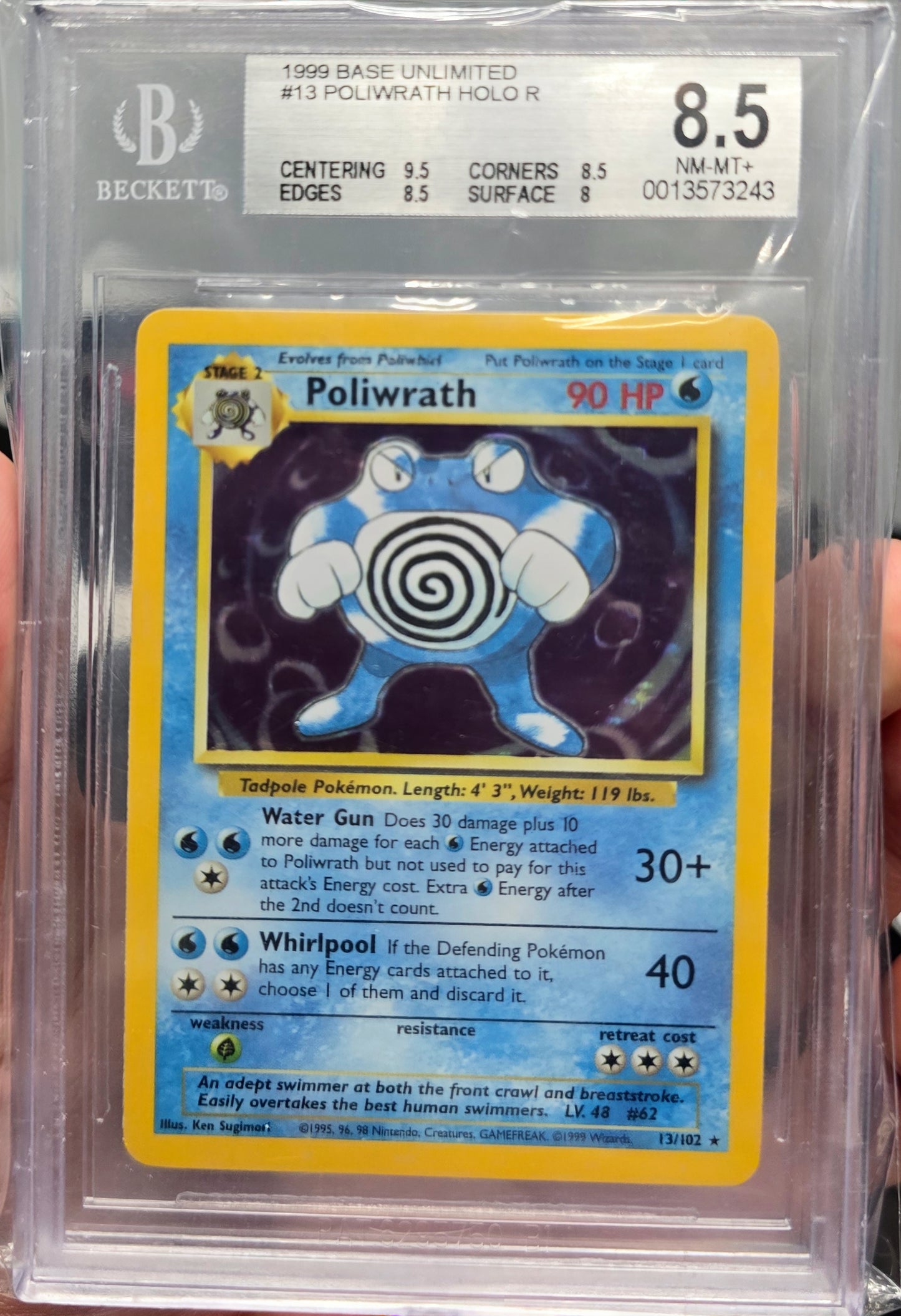 Poliwrath HOLO R 1999 Pokemon Base Unlimited Card #13 Beckett 8.5