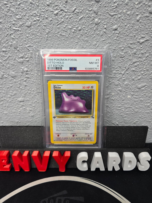 Ditto 1st Edition Holo Fossil 3/62 PSA 8